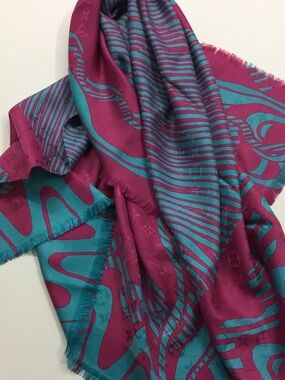 Louis Vuitton Monogram Almazing Shawl Scarf Silk Wool Berry Magenta Teal EUC Box